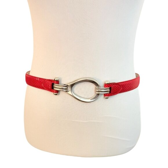 Chicos Red Snakeskin Embossed Belt Size M/L Y2K Silver Tone Fisherman Hook Loop - Picture 13 of 14